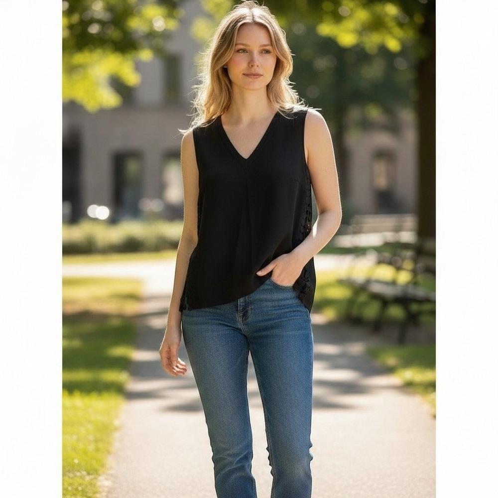 Akris Punto Womens Black V-Neck Sleeveless Top Scalloped Side Trim Size 10